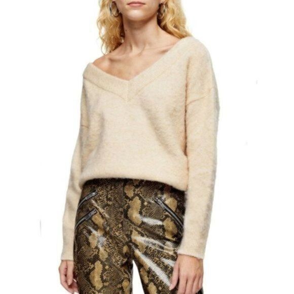 Topshop Sweaters - Topshop Brushed Bardot Double V-Neck Pink Sweater